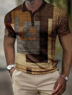 Men's Plaid Waffle Polo Shirts Golf Shirt Short Sleeve Polo Shirts Collared Shirts Vintage Casual Vacation Wear Formal Wear Festival Wear Buttons 3D Print Wine Blue Brown