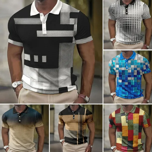 Men's Plaid Waffle Polo Shirts Golf Shirt Short Sleeve Polo Shirts Collared Shirts Vintage Casual Vacation Wear Formal Wear Festival Wear Buttons 3D Print Light Yellow Light Pink Black-White