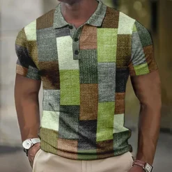 Men's Plaid Waffle Polo Shirts Golf Shirt Short Sleeve Polo Shirts Collared Shirts Vintage Casual Vacation Wear Formal Wear Festival Wear Buttons 3D Print Light Yellow Light Pink Black-White