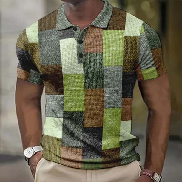 Men's Plaid Waffle Polo Shirts Golf Shirt Short Sleeve Polo Shirts Collared Shirts Vintage Casual Vacation Wear Formal Wear Festival Wear Buttons 3D Print Light Yellow Light Pink Black-White