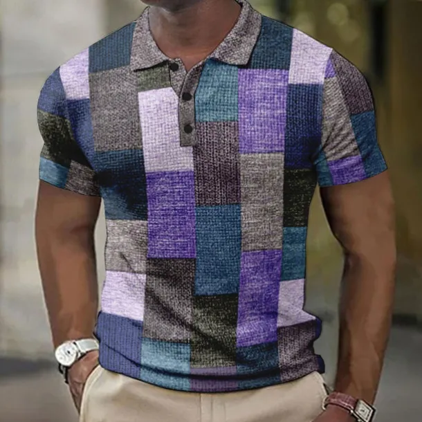 Men's Plaid Waffle Polo Shirts Golf Shirt Short Sleeve Polo Shirts Collared Shirts Vintage Casual Vacation Wear Formal Wear Festival Wear Buttons 3D Print Light Yellow Light Pink Black-White