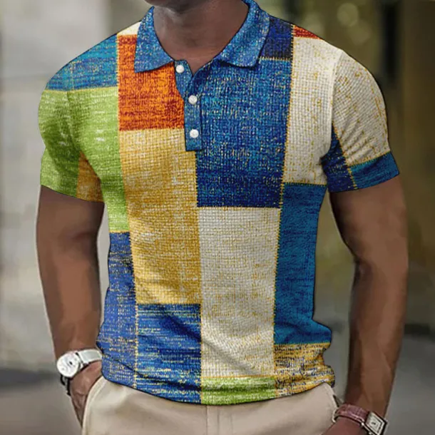 Men's Plaid Waffle Polo Shirts Golf Shirt Short Sleeve Polo Shirts Collared Shirts Vintage Casual Vacation Wear Formal Wear Festival Wear Buttons 3D Print Light Yellow Light Pink Black-White