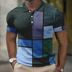 Men's Plaid Waffle Polo Shirts Golf Shirt Short Sleeve Polo Shirts Collared Shirts Vintage Casual Vacation Wear Formal Wear Festival Wear Buttons 3D Print Light Yellow Light Pink Black-White