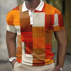 Men's Plaid Waffle Polo Shirts Golf Shirt Short Sleeve Polo Shirts Collared Shirts Vintage Casual Vacation Wear Formal Wear Festival Wear Buttons 3D Print Light Yellow Light Pink Black-White