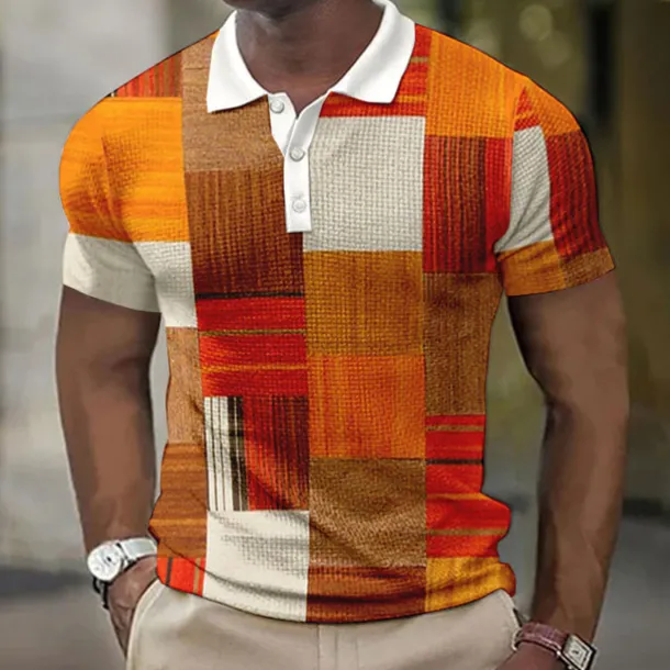 Men's Plaid Waffle Polo Shirts Golf Shirt Short Sleeve Polo Shirts Collared Shirts Vintage Casual Vacation Wear Formal Wear Festival Wear Buttons 3D Print Light Yellow Light Pink Black-White