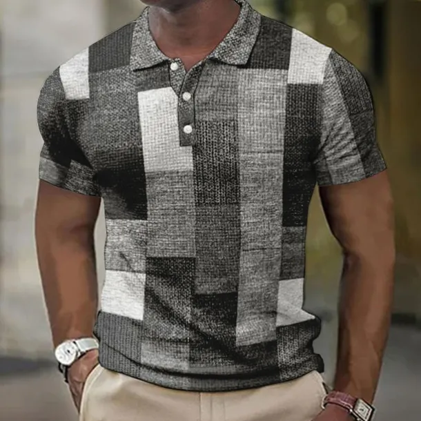 Men's Plaid Waffle Polo Shirts Golf Shirt Short Sleeve Polo Shirts Collared Shirts Vintage Casual Vacation Wear Formal Wear Festival Wear Buttons 3D Print Light Yellow Light Pink Black-White