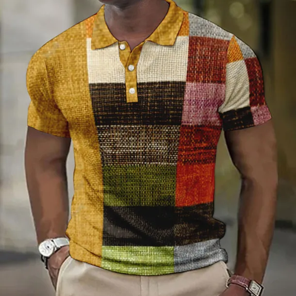 Men's Plaid Waffle Polo Shirts Golf Shirt Short Sleeve Polo Shirts Collared Shirts Vintage Casual Vacation Wear Formal Wear Festival Wear Buttons 3D Print Light Yellow Light Pink Black-White