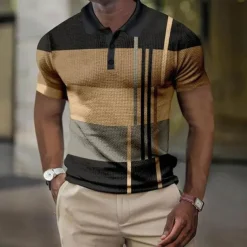 Men's Plaid Waffle Polo Shirts Golf Shirt Short Sleeve Polo Shirts Collared Shirts Vintage Casual Vacation Wear Formal Wear Festival Wear Buttons 3D Print Light Yellow Light Pink Black-White