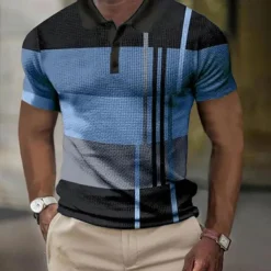 Men's Plaid Waffle Polo Shirts Golf Shirt Short Sleeve Polo Shirts Collared Shirts Vintage Casual Vacation Wear Formal Wear Festival Wear Buttons 3D Print Light Yellow Light Pink Black-White