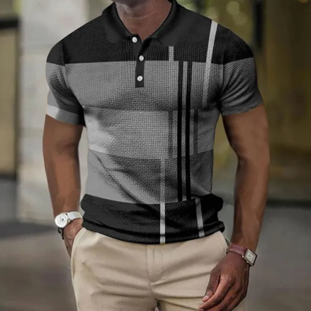 Men's Plaid Waffle Polo Shirts Golf Shirt Short Sleeve Polo Shirts Collared Shirts Vintage Casual Vacation Wear Formal Wear Festival Wear Buttons 3D Print Light Yellow Light Pink Black-White