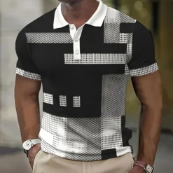 Men's Plaid Waffle Polo Shirts Golf Shirt Short Sleeve Polo Shirts Collared Shirts Vintage Casual Vacation Wear Formal Wear Festival Wear Buttons 3D Print Light Yellow Light Pink Black-White
