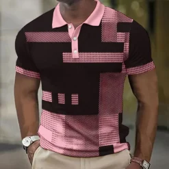 Men's Plaid Waffle Polo Shirts Golf Shirt Short Sleeve Polo Shirts Collared Shirts Vintage Casual Vacation Wear Formal Wear Festival Wear Buttons 3D Print Light Yellow Light Pink Black-White