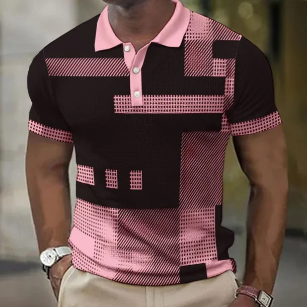 Men's Plaid Waffle Polo Shirts Golf Shirt Short Sleeve Polo Shirts Collared Shirts Vintage Casual Vacation Wear Formal Wear Festival Wear Buttons 3D Print Light Yellow Light Pink Black-White