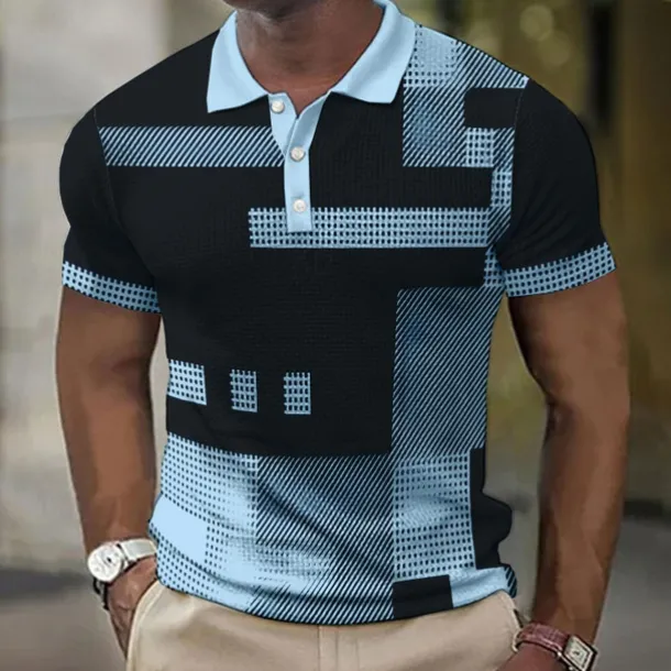 Men's Plaid Waffle Polo Shirts Golf Shirt Short Sleeve Polo Shirts Collared Shirts Vintage Casual Vacation Wear Formal Wear Festival Wear Buttons 3D Print Light Yellow Light Pink Black-White
