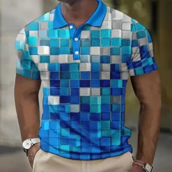 Men's Plaid Waffle Polo Shirts Golf Shirt Short Sleeve Polo Shirts Collared Shirts Vintage Casual Vacation Wear Formal Wear Festival Wear Buttons 3D Print Light Yellow Light Pink Black-White