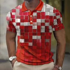 Men's Plaid Waffle Polo Shirts Golf Shirt Short Sleeve Polo Shirts Collared Shirts Vintage Casual Vacation Wear Formal Wear Festival Wear Buttons 3D Print Light Yellow Light Pink Black-White