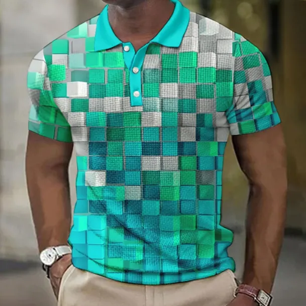 Men's Plaid Waffle Polo Shirts Golf Shirt Short Sleeve Polo Shirts Collared Shirts Vintage Casual Vacation Wear Formal Wear Festival Wear Buttons 3D Print Light Yellow Light Pink Black-White