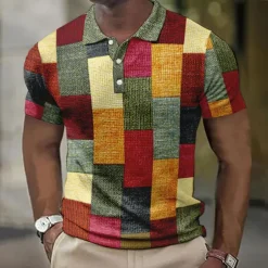 Men's Plaid Waffle Polo Shirts Golf Shirt Short Sleeve Polo Shirts Collared Shirts Vintage Casual Vacation Wear Formal Wear Festival Wear Buttons 3D Print Light Yellow Light Pink Black-White