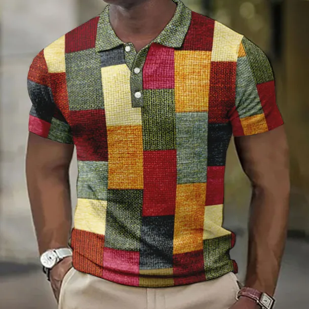 Men's Plaid Waffle Polo Shirts Golf Shirt Short Sleeve Polo Shirts Collared Shirts Vintage Casual Vacation Wear Formal Wear Festival Wear Buttons 3D Print Light Yellow Light Pink Black-White