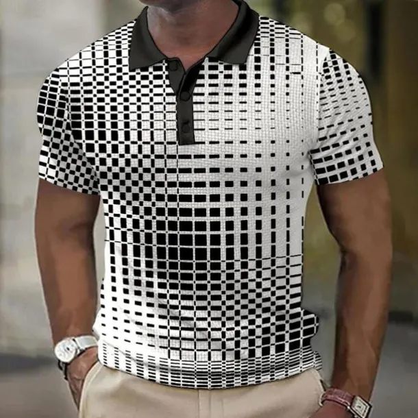 Men's Plaid Waffle Polo Shirts Golf Shirt Short Sleeve Polo Shirts Collared Shirts Vintage Casual Vacation Wear Formal Wear Festival Wear Buttons 3D Print Light Yellow Light Pink Black-White