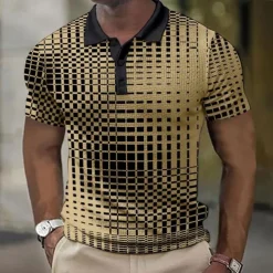 Men's Plaid Waffle Polo Shirts Golf Shirt Short Sleeve Polo Shirts Collared Shirts Vintage Casual Vacation Wear Formal Wear Festival Wear Buttons 3D Print Light Yellow Light Pink Black-White