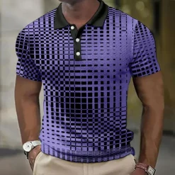 Men's Plaid Waffle Polo Shirts Golf Shirt Short Sleeve Polo Shirts Collared Shirts Vintage Casual Vacation Wear Formal Wear Festival Wear Buttons 3D Print Light Yellow Light Pink Black-White