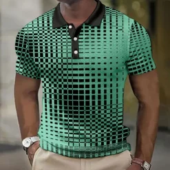 Men's Plaid Waffle Polo Shirts Golf Shirt Short Sleeve Polo Shirts Collared Shirts Vintage Casual Vacation Wear Formal Wear Festival Wear Buttons 3D Print Light Yellow Light Pink Black-White