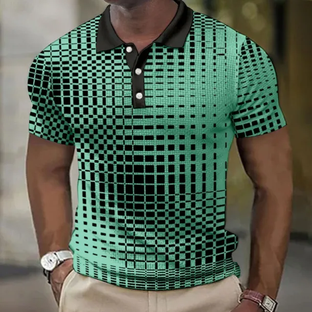 Men's Plaid Waffle Polo Shirts Golf Shirt Short Sleeve Polo Shirts Collared Shirts Vintage Casual Vacation Wear Formal Wear Festival Wear Buttons 3D Print Light Yellow Light Pink Black-White