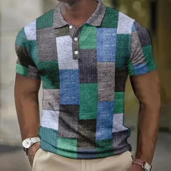 Men's Plaid Waffle Polo Shirts Golf Shirt Short Sleeve Polo Shirts Collared Shirts Vintage Casual Vacation Wear Formal Wear Festival Wear Buttons 3D Print Light Yellow Light Pink Black-White