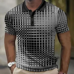 Men's Plaid Waffle Polo Shirts Golf Shirt Short Sleeve Polo Shirts Collared Shirts Vintage Casual Vacation Wear Formal Wear Festival Wear Buttons 3D Print Light Yellow Light Pink Black-White