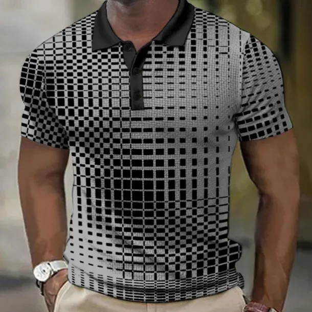 Men's Plaid Waffle Polo Shirts Golf Shirt Short Sleeve Polo Shirts Collared Shirts Vintage Casual Vacation Wear Formal Wear Festival Wear Buttons 3D Print Light Yellow Light Pink Black-White
