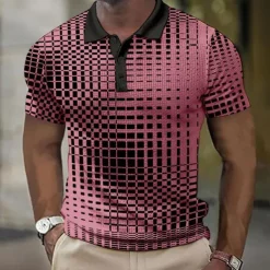 Men's Plaid Waffle Polo Shirts Golf Shirt Short Sleeve Polo Shirts Collared Shirts Vintage Casual Vacation Wear Formal Wear Festival Wear Buttons 3D Print Light Yellow Light Pink Black-White