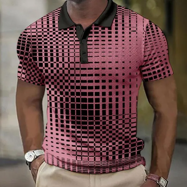 Men's Plaid Waffle Polo Shirts Golf Shirt Short Sleeve Polo Shirts Collared Shirts Vintage Casual Vacation Wear Formal Wear Festival Wear Buttons 3D Print Light Yellow Light Pink Black-White