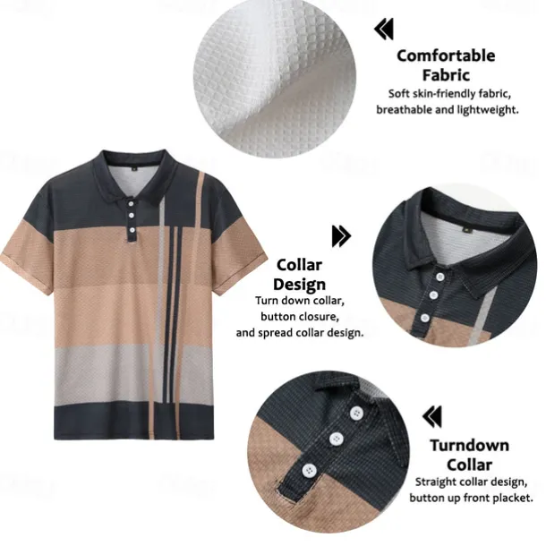 Men's Plaid Waffle Polo Shirts Golf Shirt Short Sleeve Polo Shirts Collared Shirts Vintage Casual Vacation Wear Formal Wear Festival Wear Buttons 3D Print Light Yellow Light Pink Black-White