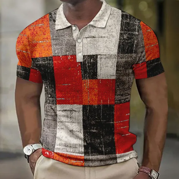 Men's Plaid Waffle Polo Shirts Golf Shirt Short Sleeve Polo Shirts Collared Shirts Vintage Casual Vacation Wear Formal Wear Festival Wear Buttons 3D Print Light Yellow Light Pink Black-White