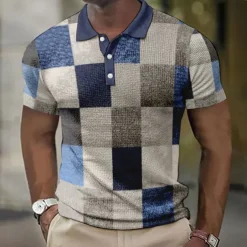 Men's Plaid Waffle Polo Shirts Golf Shirt Short Sleeve Polo Shirts Collared Shirts Vintage Casual Vacation Wear Formal Wear Festival Wear Buttons 3D Print Light Yellow Light Pink Black-White