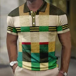 Men's Plaid Waffle Polo Shirts Golf Shirt Short Sleeve Polo Shirts Collared Shirts Vintage Casual Vacation Wear Formal Wear Festival Wear Buttons 3D Print Light Yellow Light Pink Black-White