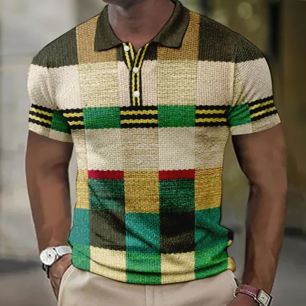 Men's Plaid Waffle Polo Shirts Golf Shirt Short Sleeve Polo Shirts Collared Shirts Vintage Casual Vacation Wear Formal Wear Festival Wear Buttons 3D Print Light Yellow Light Pink Black-White