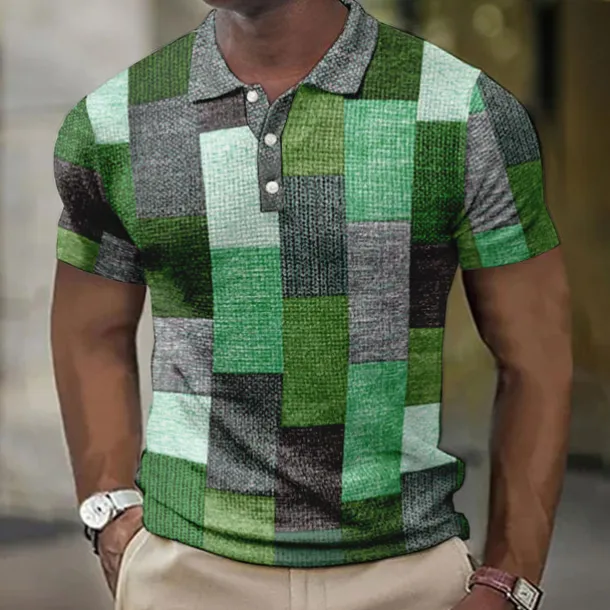 Men's Plaid Waffle Polo Shirts Golf Shirt Short Sleeve Polo Shirts Collared Shirts Vintage Casual Vacation Wear Formal Wear Festival Wear Buttons 3D Print Light Yellow Light Pink Black-White