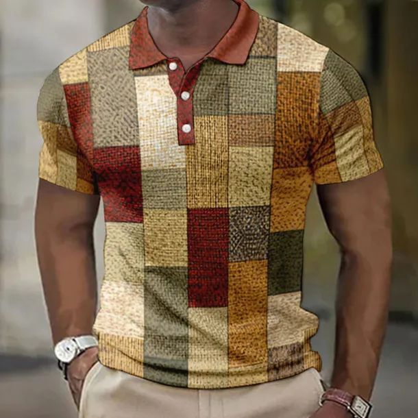 Men's Plaid Waffle Polo Shirts Golf Shirt Short Sleeve Polo Shirts Collared Shirts Vintage Casual Vacation Wear Formal Wear Festival Wear Buttons 3D Print Light Yellow Light Pink Black-White