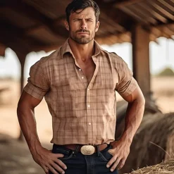 Men's Plaid Western Shirt Button Up Shirt Cowboy Shirt Short Sleeve Vintage Sports Fashion Daily Summer Spring Turndown Collared Shirts 3D Print Front Pocket Khaki