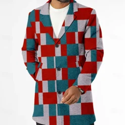 Men's Plaid Winter Coat Fleece Jacket Overcoat Thermal Comfortable Casual Street Outdoor clothing Daily Wear Buttons 3D Print Front Pocket Winter Turndown Long Sleeve Red Blue