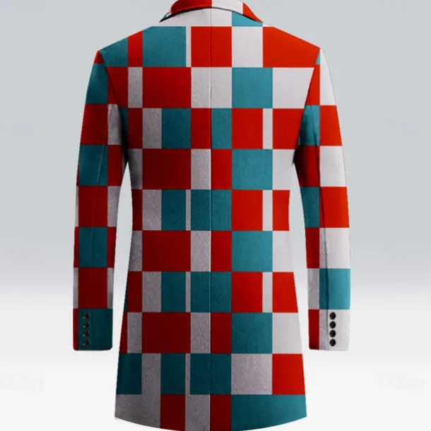 Men's Plaid Winter Coat Fleece Jacket Overcoat Thermal Comfortable Casual Street Outdoor clothing Daily Wear Buttons 3D Print Front Pocket Winter Turndown Long Sleeve Red Blue