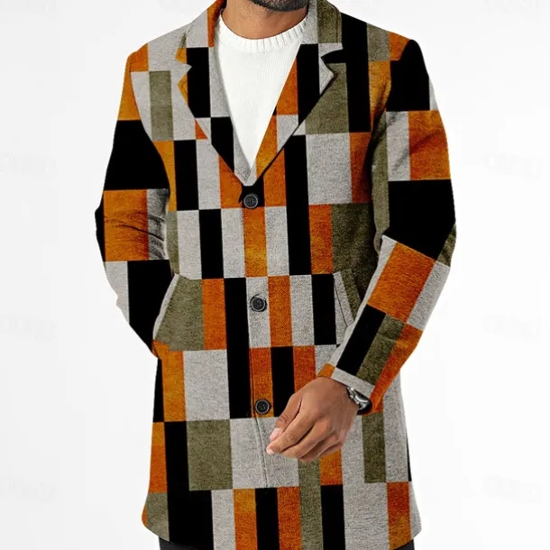 Men's Plaid Winter Coat Fleece Jacket Overcoat Thermal Comfortable Casual Street Outdoor clothing Daily Wear Buttons 3D Print Front Pocket Winter Turndown Long Sleeve Orange