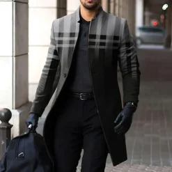 Men's Plaid Winter Coat Overcoat Coat Warm Breathable Comfortable Business Casual Work Wear to work Going out Pocket Print Fall & Winter Stand Collar Long Sleeve Blue Brown Gray