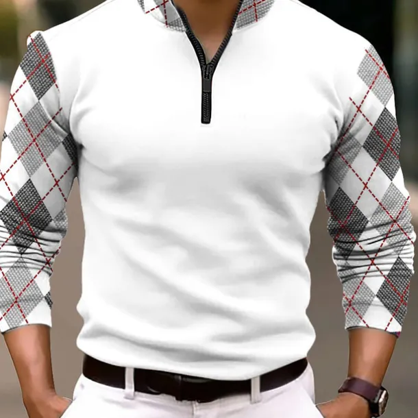Men's Plaid Zip Polo Long Sleeve Polo Shirts Zip Business Outdoor Casual Daily Streetwear 3D Print Fall & Winter Black White Dark Navy