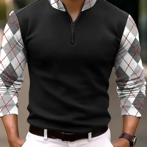 Men's Plaid Zip Polo Long Sleeve Polo Shirts Zip Business Outdoor Casual Daily Streetwear 3D Print Fall & Winter Black White Dark Navy