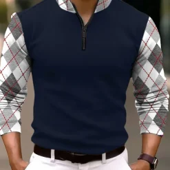 Men's Plaid Zip Polo Long Sleeve Polo Shirts Zip Business Outdoor Casual Daily Streetwear 3D Print Fall & Winter Black White Dark Navy