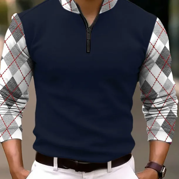 Men's Plaid Zip Polo Long Sleeve Polo Shirts Zip Business Outdoor Casual Daily Streetwear 3D Print Fall & Winter Black White Dark Navy