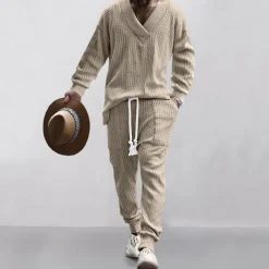 Men's Plain Basic Sweatshirts Sweatshirt Tracksuit Sweatsuit Long Sleeve Sweatshirt V Neck Streetwear Basic Casual Sports & Outdoor Daily Holiday 2 Piece Fall & Winter